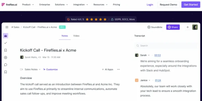 Fireflies AI – الأفضل لنسخ الاجتماعات