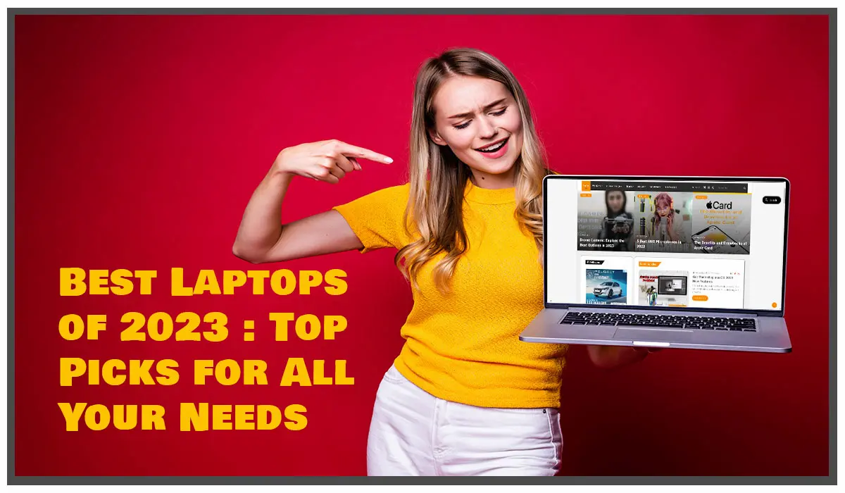 portrait smiling young woman pointed screen laptop pc computer isolated red wall Best Laptops 2023 : Top Picks for All Your Needs